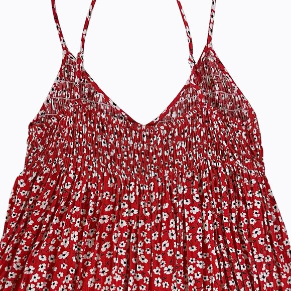 Lulus Red Floral Print Smocked Babydoll Dress V-Neck Casual Comfy Boho Beach SzS - Picture 6 of 9